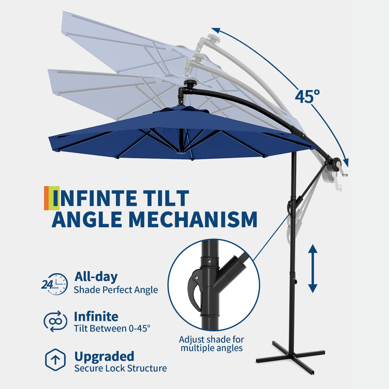 Garvee 10' Cantilever Umbrella with 360 Rotating Base, UV Protection Offset Patio Umbrella 8 Ribs Outdoor Sun Shade with Easy Tilt Adjustment for Backyard, Lawn, Garden, Navy Blue