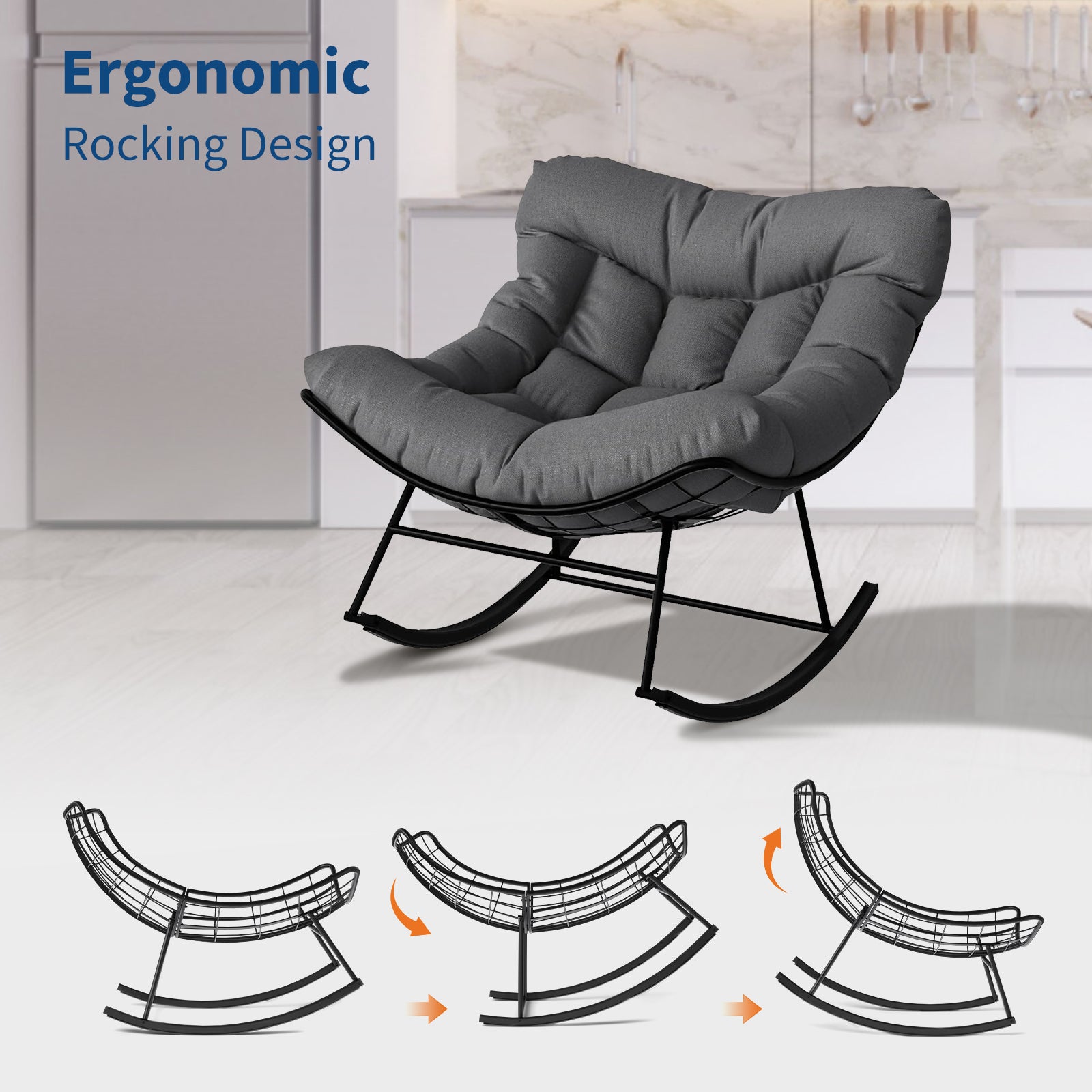 Garvee Papasan Rocking Chair with Footrest, Metal Patio Lounge Rocking Chair with Ottoman & Thick Cushion, Patio Comfy Modern Egg Rocker for Balcony Backyard Porch Bedroom, Dark Grey