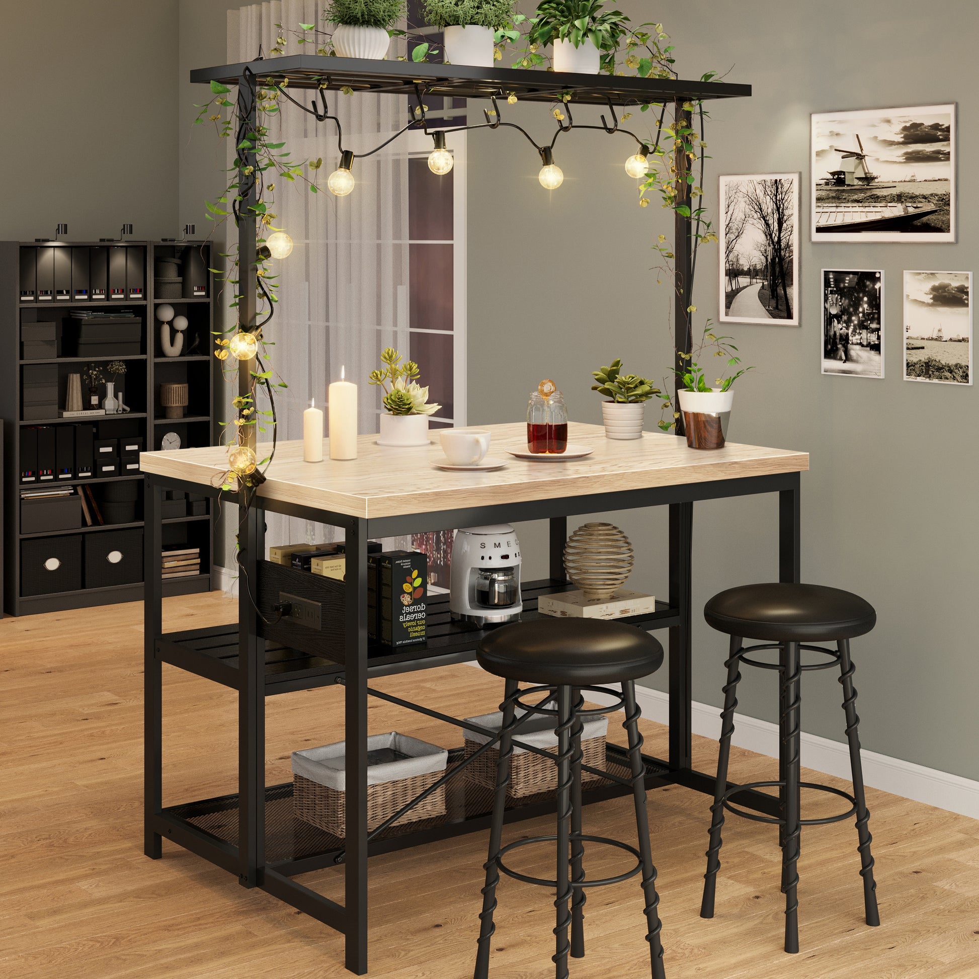 Garvee Kitchen Island with Storage, Bakers Rack with Power Outlet, Island Table for Kitchen,3 Tier Microwave Stand Oven Shelf,Large Coffee Bar Table, Storage Shelf for Kitchen Dining Room Living Room,5 Hooks