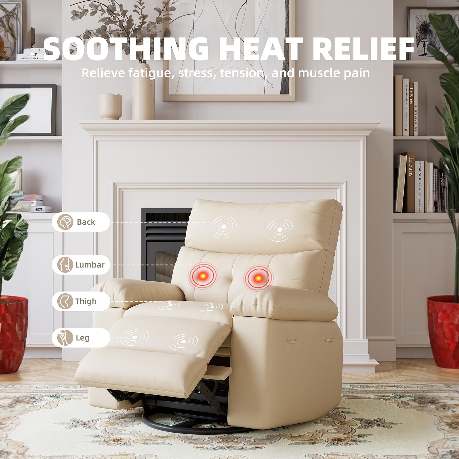 Garvee 360 Degree Swivel Recliner Chair for Adults, Oversized Electric Rocker Recliner with Massage and Heating, Faux Leather Single Sofa Chair  for Living Room Bedroom, Beige