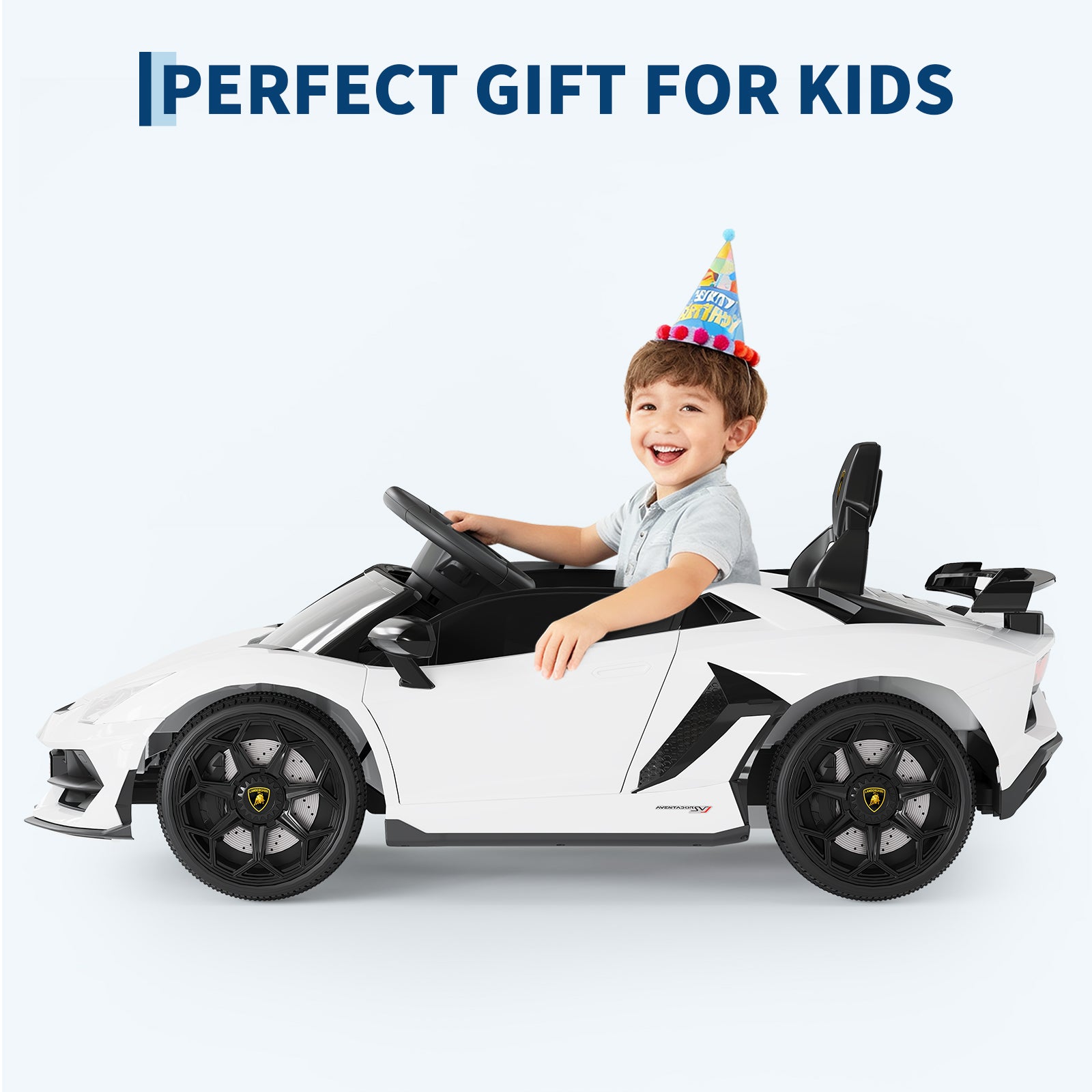 Garvee Ride P Series 12V Electric Ride-On Car for Kids | Licensed Lamborghini Battery-Powered Sports Car with Remote Control, 2 Speeds, Sound System, LED Headlights, Hydraulic Doors - White