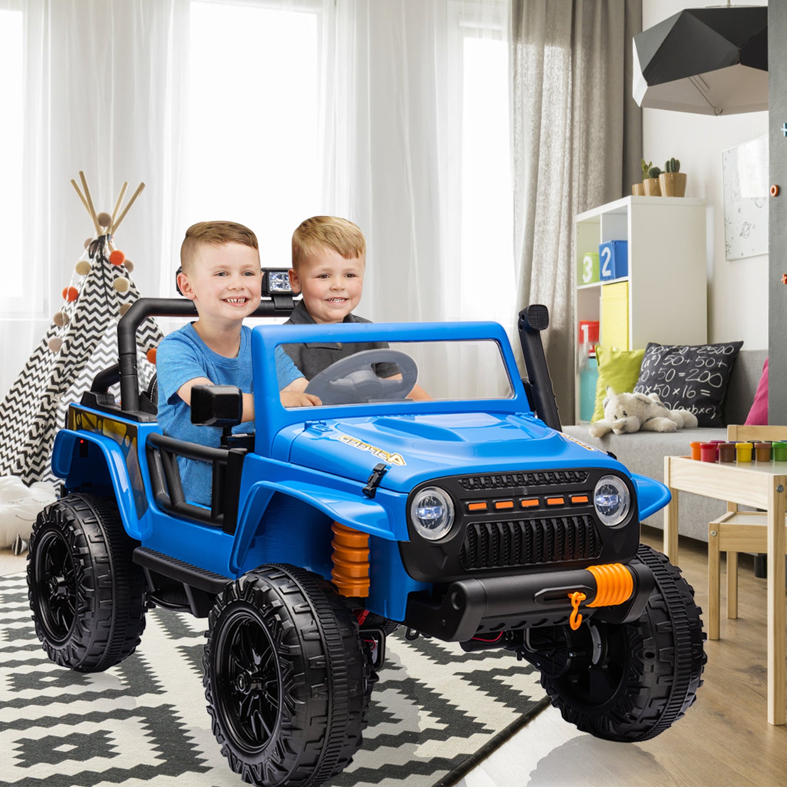 Garvee Ride - P Series: 24V 2 Seater Ride On Truck Car For Kid age 3 - 8 years, w/Remote Control, 4-Wheeler Suspension, 4x55W Powerful Engine, 4WD Battery Powered, LED Lights, Soft Braking - Blue