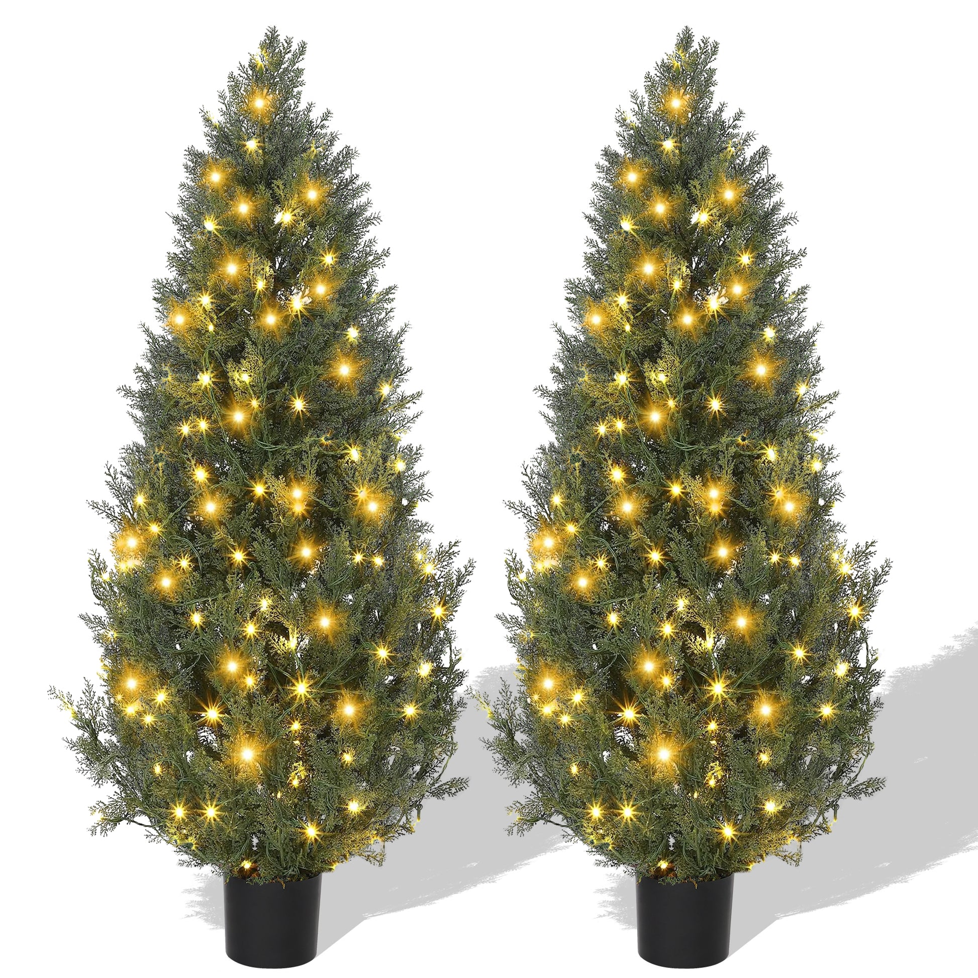 Garvee 5ft Artificial Topiary Cedar Trees with 100 Light / 8 Light Modes, 2 PCS Artificial Plants Outdoor with Realistic Moss & Pot, UV Rated Fake Plants for Front Porch Decor, Living Room