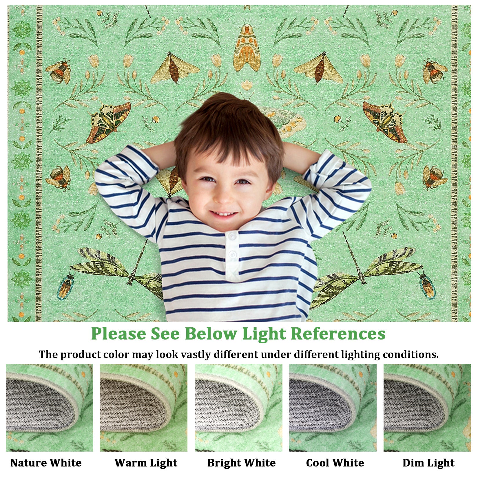 Garvee 6' x 9' Botanical Insect Area Rug, Washable Non-Slip Soft Low-Pile Moth, Butterfly & Dragonfly Rug for Living Room & Bedroom, Light Green