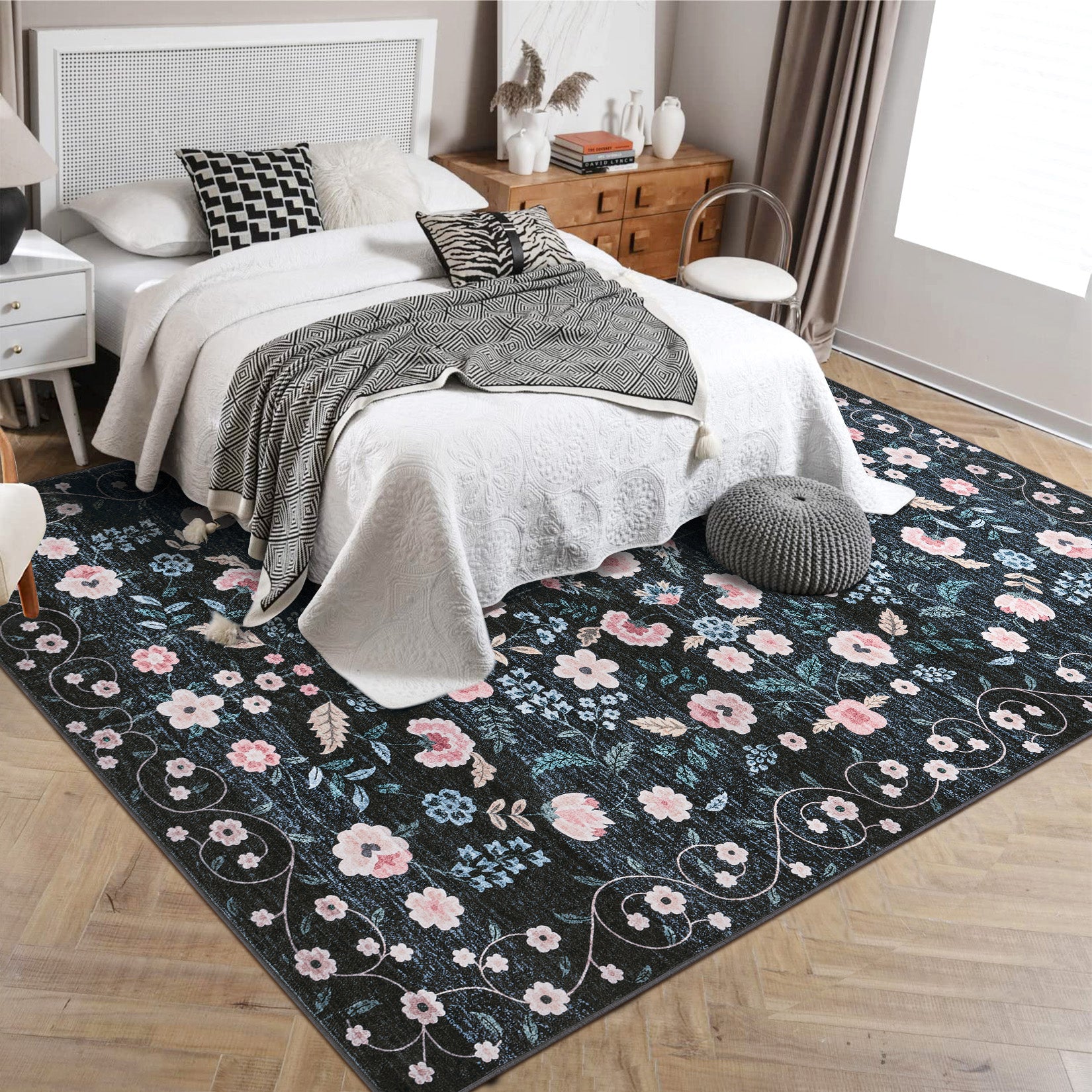 Garvee Area Rugs Washable Floral Rugs for Living Room Non Slip Low Pile Carpet for Office Bedroom Kids Room Bedside