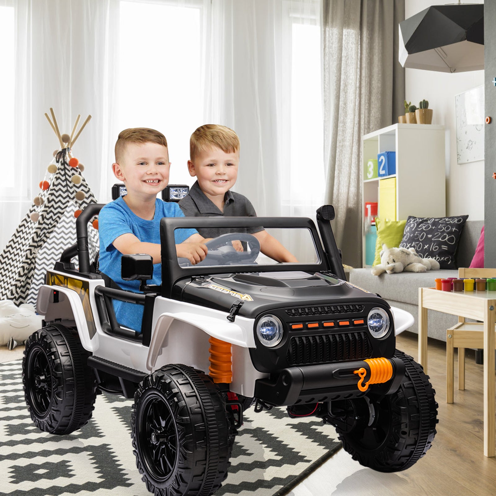 Garvee Ride - P Series: 24V 2 Seater Ride On Truck Car For Kid age 3 - 8 years, w/Remote Control, 4-Wheeler Suspension, 4x55W Powerful Engine, 4WD Battery Powered, LED Lights, Soft Braking - Black and White Mix