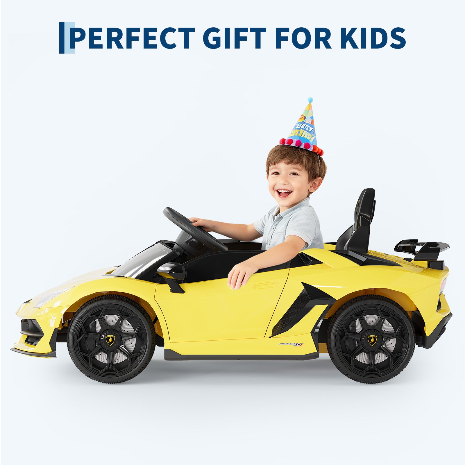 Garvee Ride P Series 12V Electric Ride-On Car for Kids | Licensed Lamborghini Battery-Powered Sports Car with Remote Control, 2 Speeds, Sound System, LED Headlights, Hydraulic Doors - Yellow