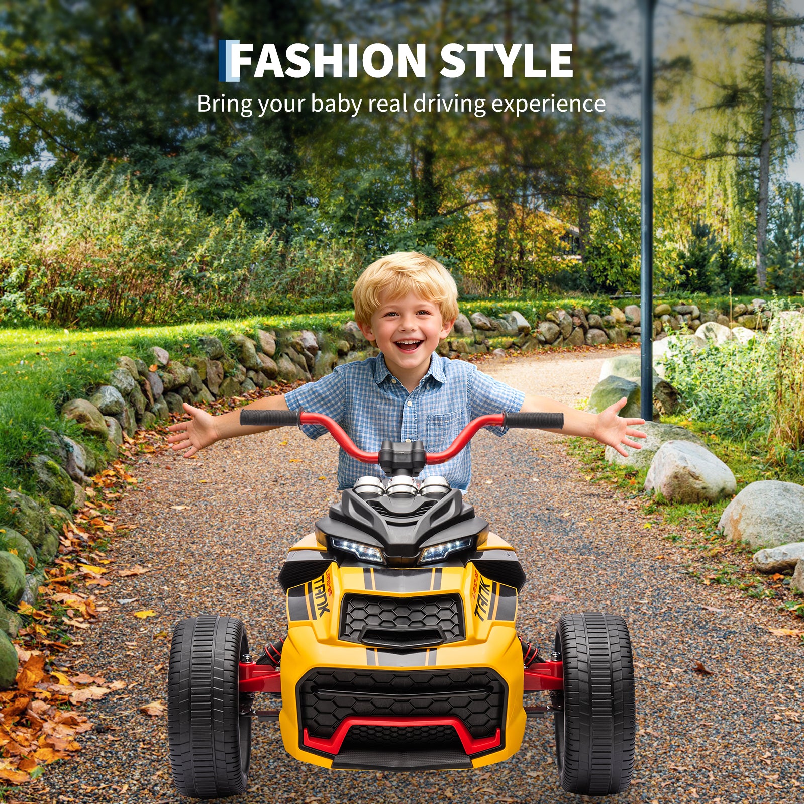 Garvee 12V Kids Ride on Toy for Kids, 2x55W Powerful Engine 7AH Battery, 3 - 7 km/H, 3 Wheelers Electric Vehicle, LED Lights, 2 Speeds, EVA Tire, Music, USB - Yellow