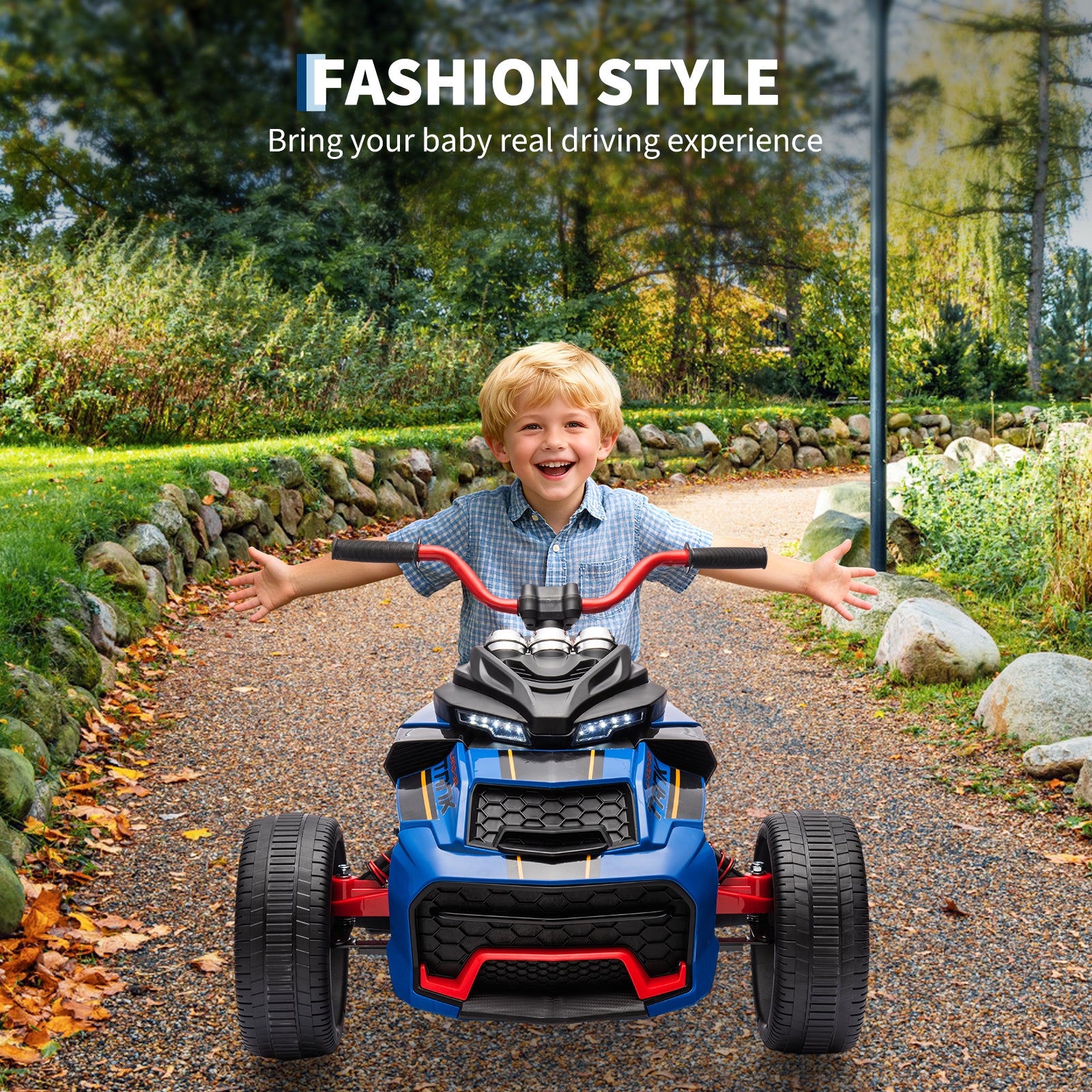 Garvee 12V Kids Ride on Toy for Kids, 2x55W Powerful Engine 7AH Battery, 3 - 7 km/H, 3 Wheelers Electric Vehicle, LED Lights, 2 Speeds, EVA Tire, Music, USB - Blue