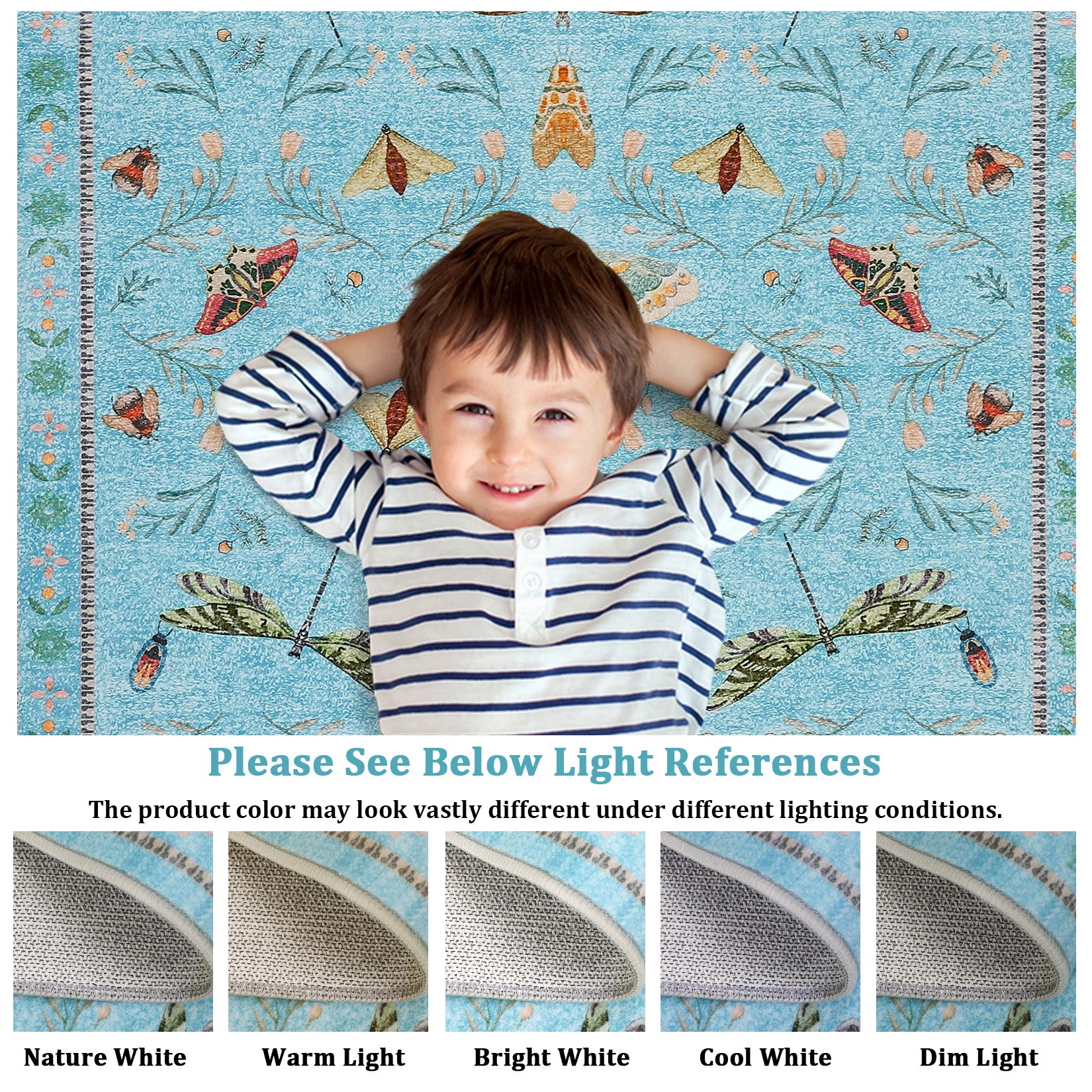 Garvee Blue Butterfly 4x6 Washable Non Slip Low Pile Stain Resistant Ultra Thin Insect Plant Rug for Living Room Nursery