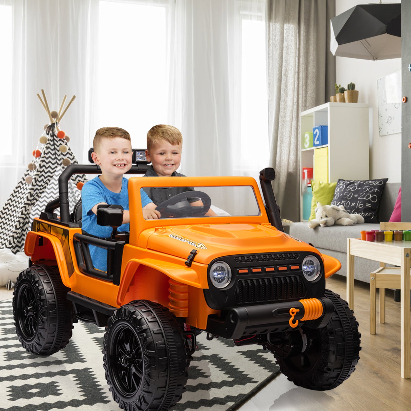 Garvee Ride - P Series: 24V 2 Seater Ride On Truck Car For Kid age 3 - 8 years, w/Remote Control, 4-Wheeler Suspension, 4x55W Powerful Engine, 4WD Battery Powered, LED Lights, Soft Braking - Orange