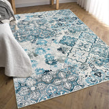 Garvee Washable Rug 9x12, Ultra-Thin Vintage Floral Medallion Area Rug for Bedroom, Non-Slip Foldable Living Room Carpet Non Shedding Large Accent Rug for Living Office Dining Room, Blue/Grey - Blue/Gray