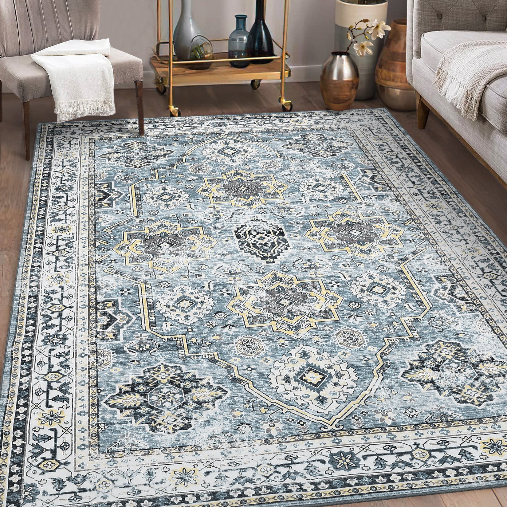 Garvee Boho Blue 5x7 Washable Rug, Oriental Vintage Non Slip Soft Faux Wool Stain Resistant Carpet for Living Room, Bedroom, Officem Soft Faux Wool Stain Resistant Carpet for Office Nursery Dining Room