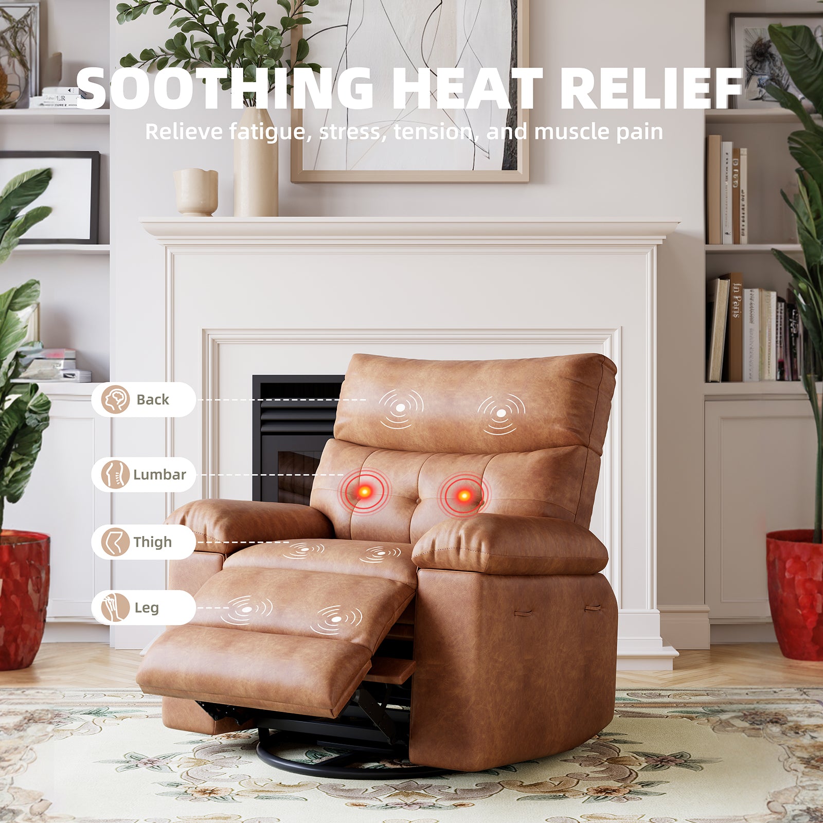 Garvee 360° Swivel Massage Recliner Chair with Heating, Manual Lazy Recliner, PU Leather, Cup Holder, 1.5x Sponge Comfort, Rocking Chair for Living Rooms and Nurseries