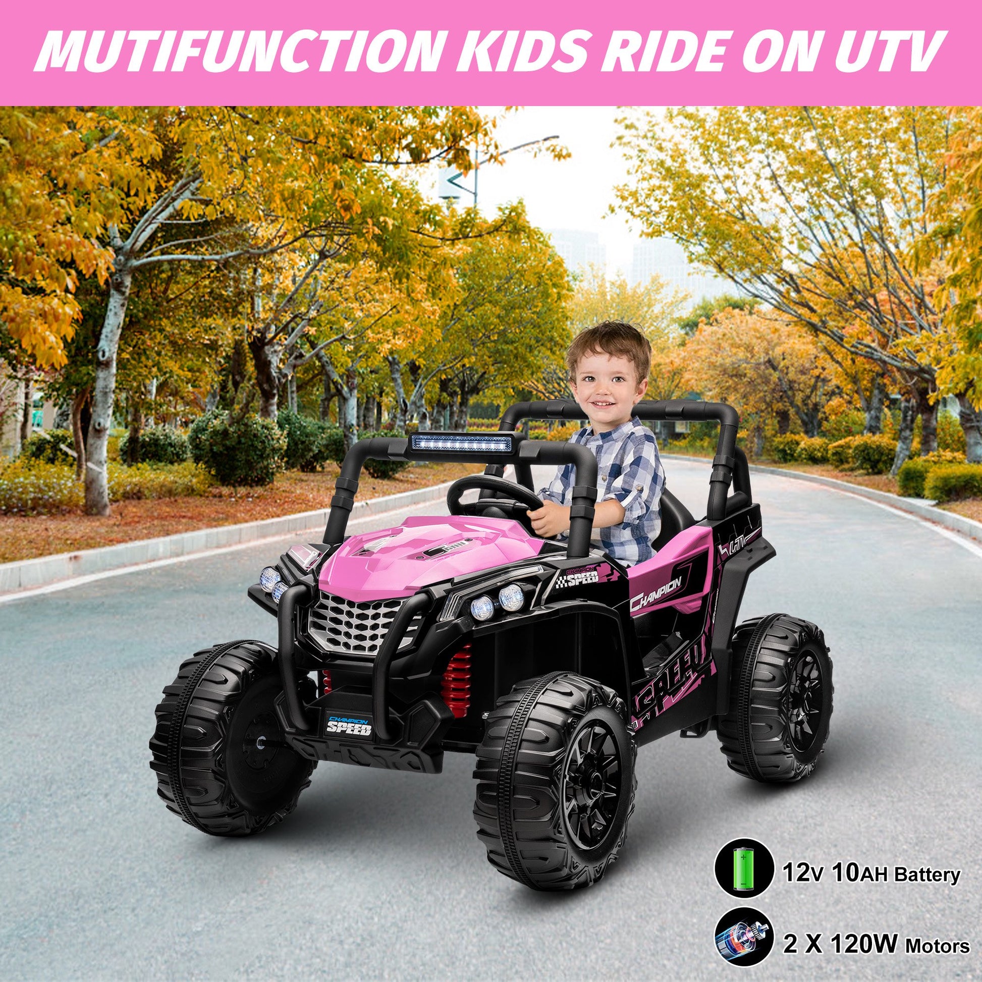 Garvee Ride - P Series: 12V Toy Electric Truck Utv with Large Wide Seat and Remote Control, Led Lights, Wireless Connection, Music, 2 Spring Suspension for 3-8 Boys & Girls