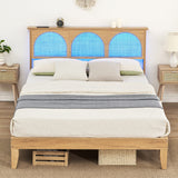 Garvee Full Bed Frame with Natural Rattan Headboard + LED Lights + Storage + Strong Wood Slats Support + No Box Spring Needed + Easy Assembly + Suitable for Various Bedroom Styles - White Oak