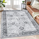 Garvee Washable Area Rug 6x9 Rug Boho Vintage Rug Room Decor Non Slip Large Area Rug for Bedroom Floral Grey Rug Soft Faux Wool Stain Resistant Carpet for Office Nursery Dining Room - Gray