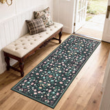 Garvee 2x6 Washable Runner Rugs Floral Carpet Non Slip Fade Resistant Soft Foldable Low Pile Indoor Floor Mats for Kitchen Dining Hallway - Black
