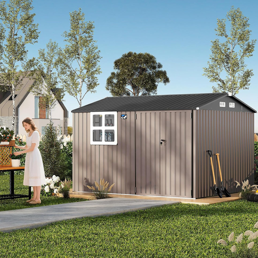 Garvee 6x8 ft Metal Storage Shed Heavy-Duty Galvanized Steel Lockable Door Sloped Roof Windows Backyard Garden Patio