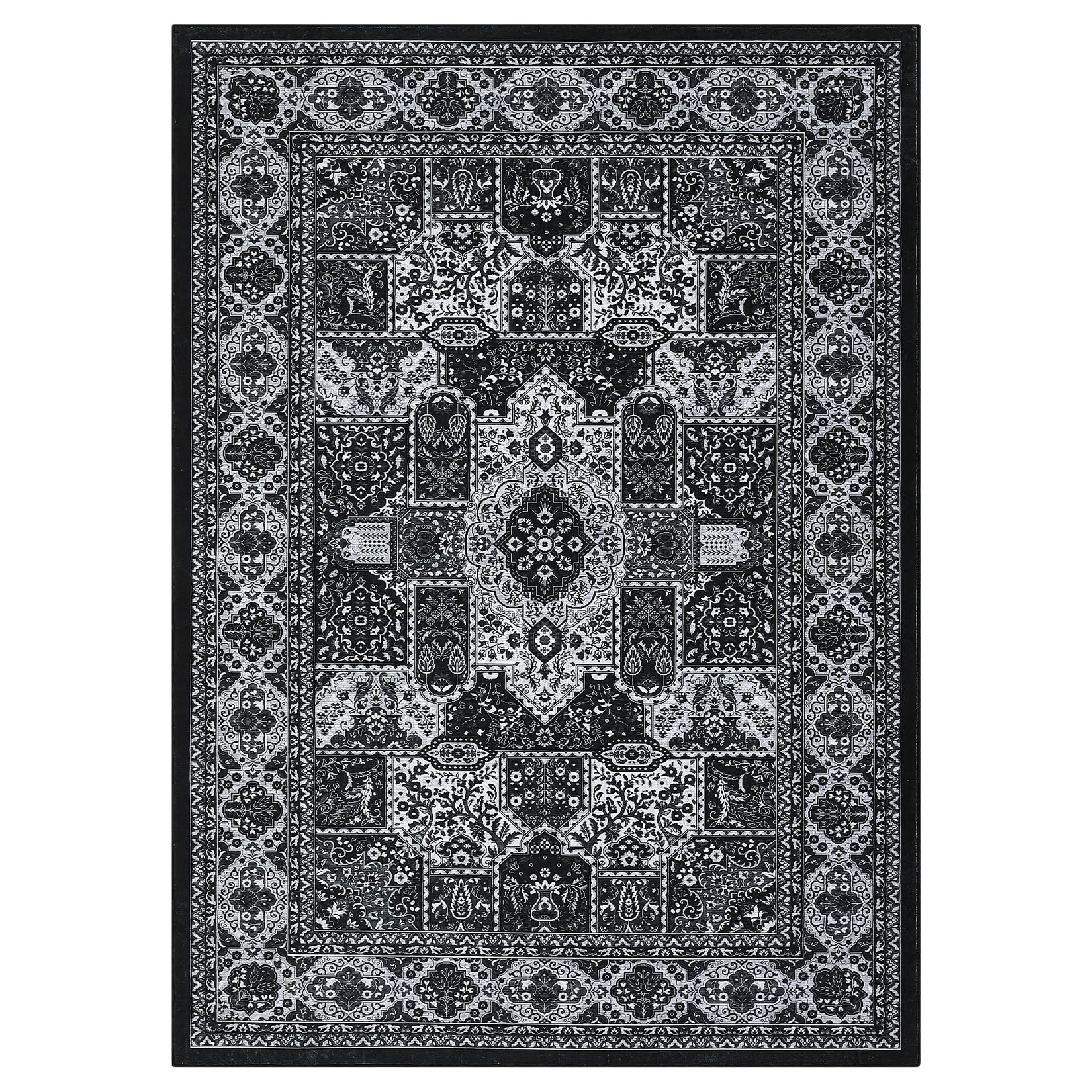 9x12 area rug with classic washable surface for living room or study in black and white oriental pattern