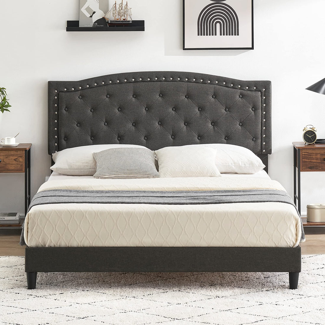 Full Size Bed Frame with Button Tufted Headboard, Fabric Upholstered Platform Bed Frame with Adjustable Headboard, Mattress Foundation, Easy Assembly, No Box Spring Needed