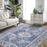 Garvee Vintage Distressed Area Rug, Washable Abstract Rug Floorcover Low Pile Indoor Area Rug Home Decor Rug for Living Room Bedroom, Navy/Grey, 8' x 10‘ - Blue