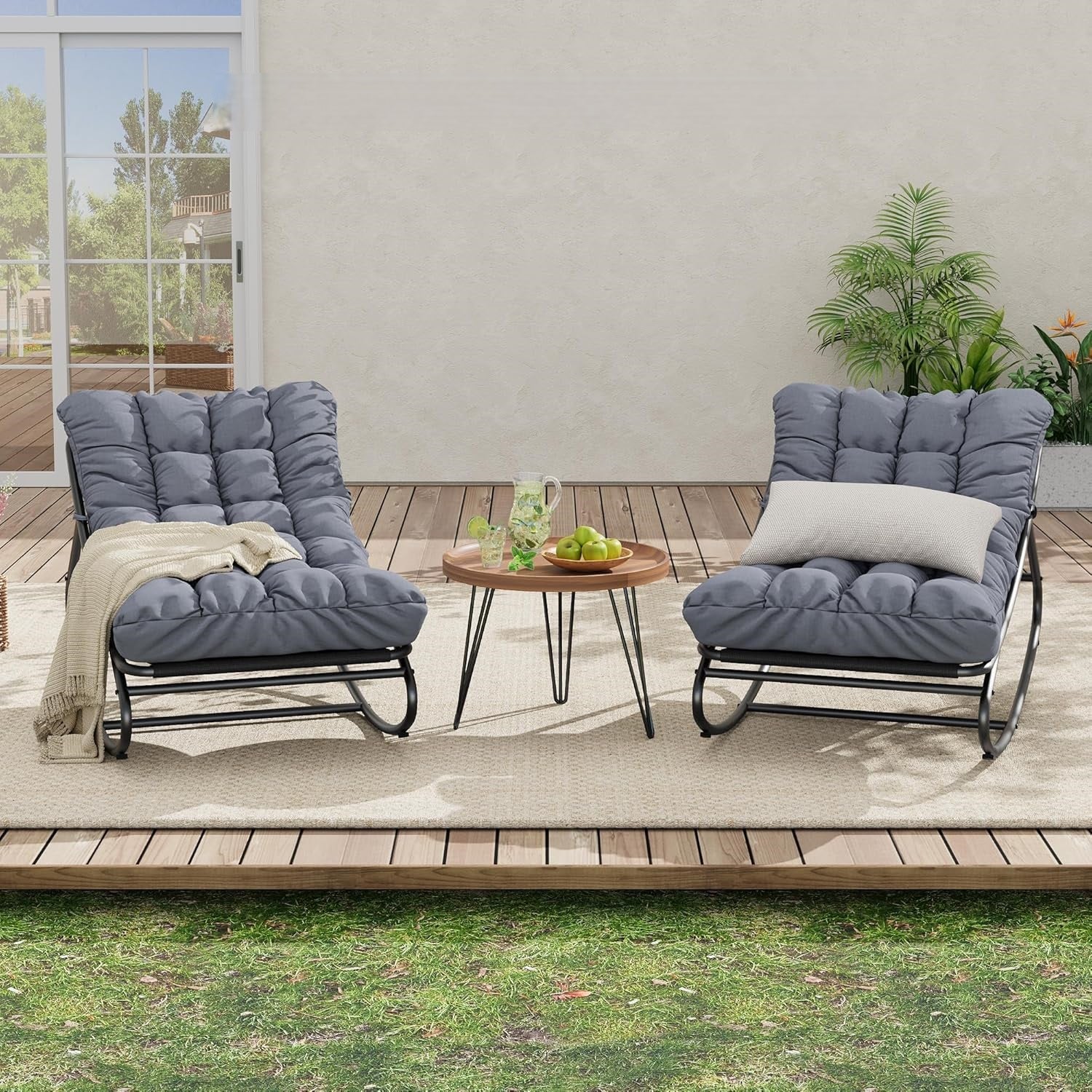 Garvee Oversized Papasan Rocking Chairs Set - Outdoor Egg Lounge Seats with Thick Washable Cushions, Sturdy Metal Frame, Weather Resistant, Perfect for Patio, Garden, Porch, Balcony, Nursery, Living Room, Grey, 2 PCS