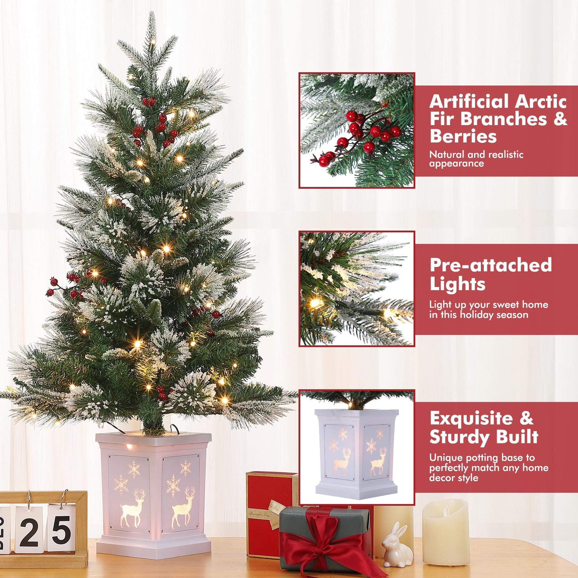 Garvee 4.5ft Christmas Tree, Pre-lit Christmas Tree with Lighting Elk Base and Red Berries, Artificial Christmas Tree with 108 LED Lights, Snow Flocked Branches Xmas Tree for Porch, Entryway