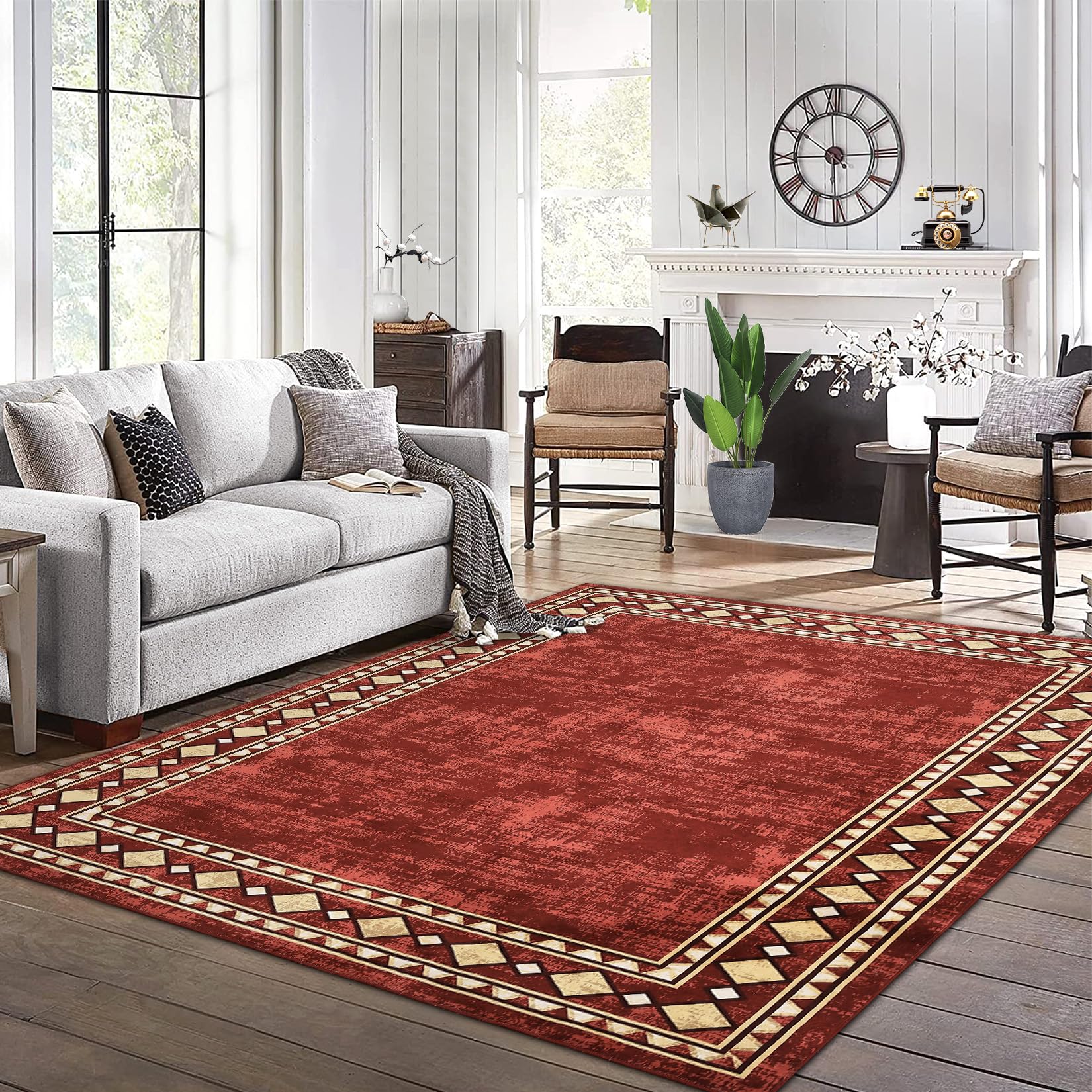 Garvee Bordered Red 4x6 Machine Washable Area Rug for Living Room Modern Bordered Area Rug, Non-Slip Stain Resistant Accent Rug Indoor Minimalist Border Floor Cover Carpet for Bedroom