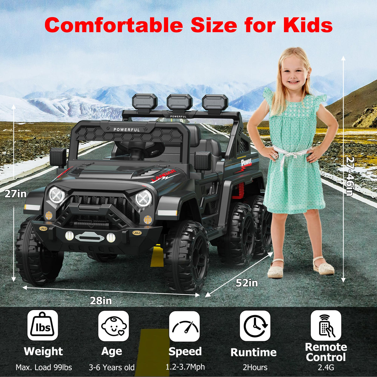 GARVEE Black 24V 4WD kids electric ride-on car with 6 EVA wheels