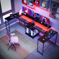 54" L-Shaped Gaming Desk with Power Outlet & LED Light, Black