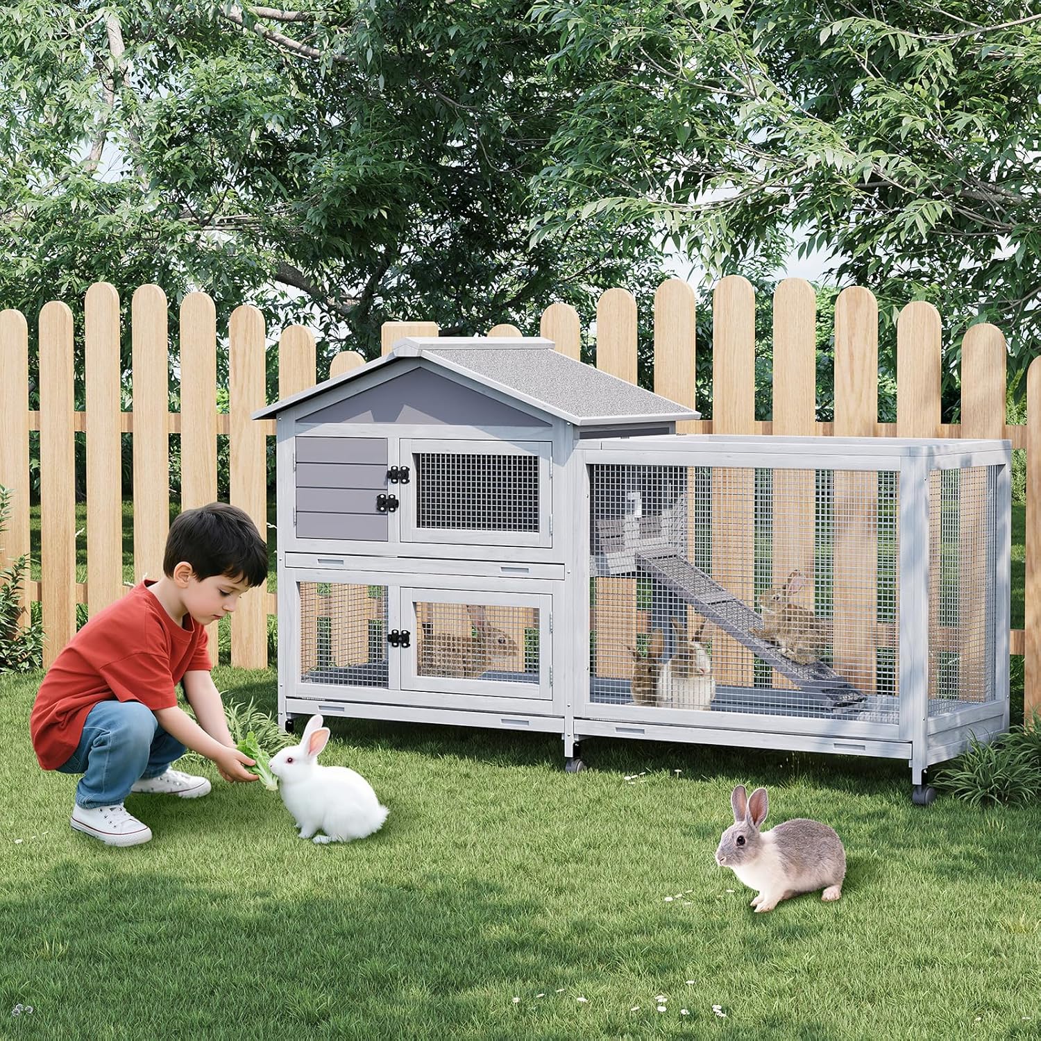 Garvee 63“ Rabbit Cage with Weatherproof Roof, Bunny Cage with 6 Lockable Caster Wheels & Pull-Out Tray, Rabbit Hutch for Indoor Outdoor Use, Grey
