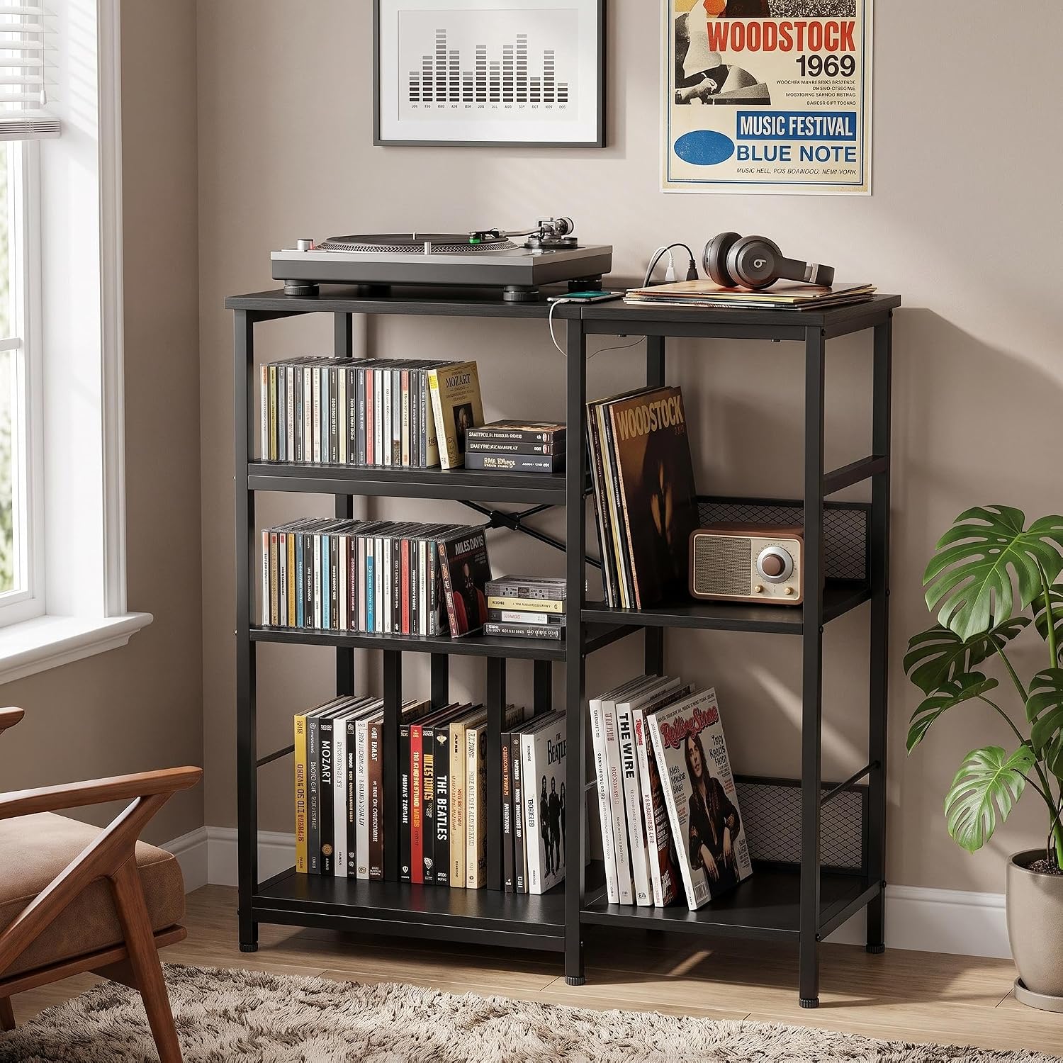 Garvee 4-Tier Large Record Player Stand & Media Console for Living Room - Holds 300+ Vinyl Records, Fits 7/10/12 in vinyl records - Color: Black