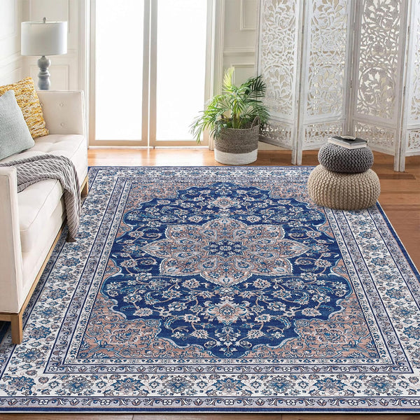 Oriental Blue 10x13 Washable Area Rug | Non-Slip & Durable | GARVEE