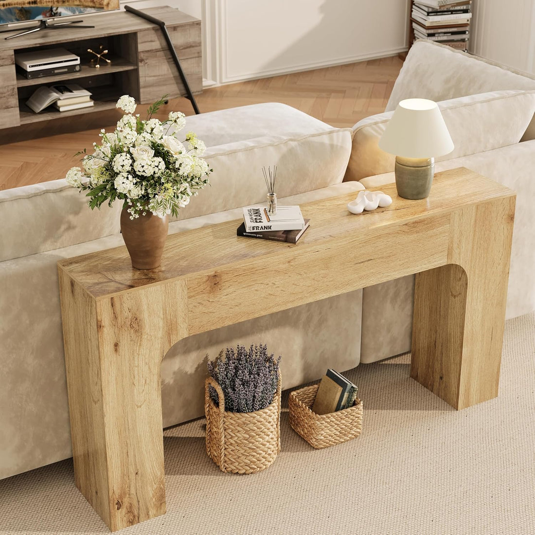 Garvee 63" Farmhouse Console Table Slim Wood Sofa Side Table Narrow Rustic Foyer Furniture for Living Rooms Hallways Apartments, Oak