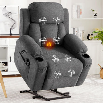 Garvee Large Power Lift Recliner Chair with Heat and Massage, 2 Cup Holders & Side Pocket, USB Port, Electric Lift Recliner for Elderly & Mobility Impaired, Chenille Gray