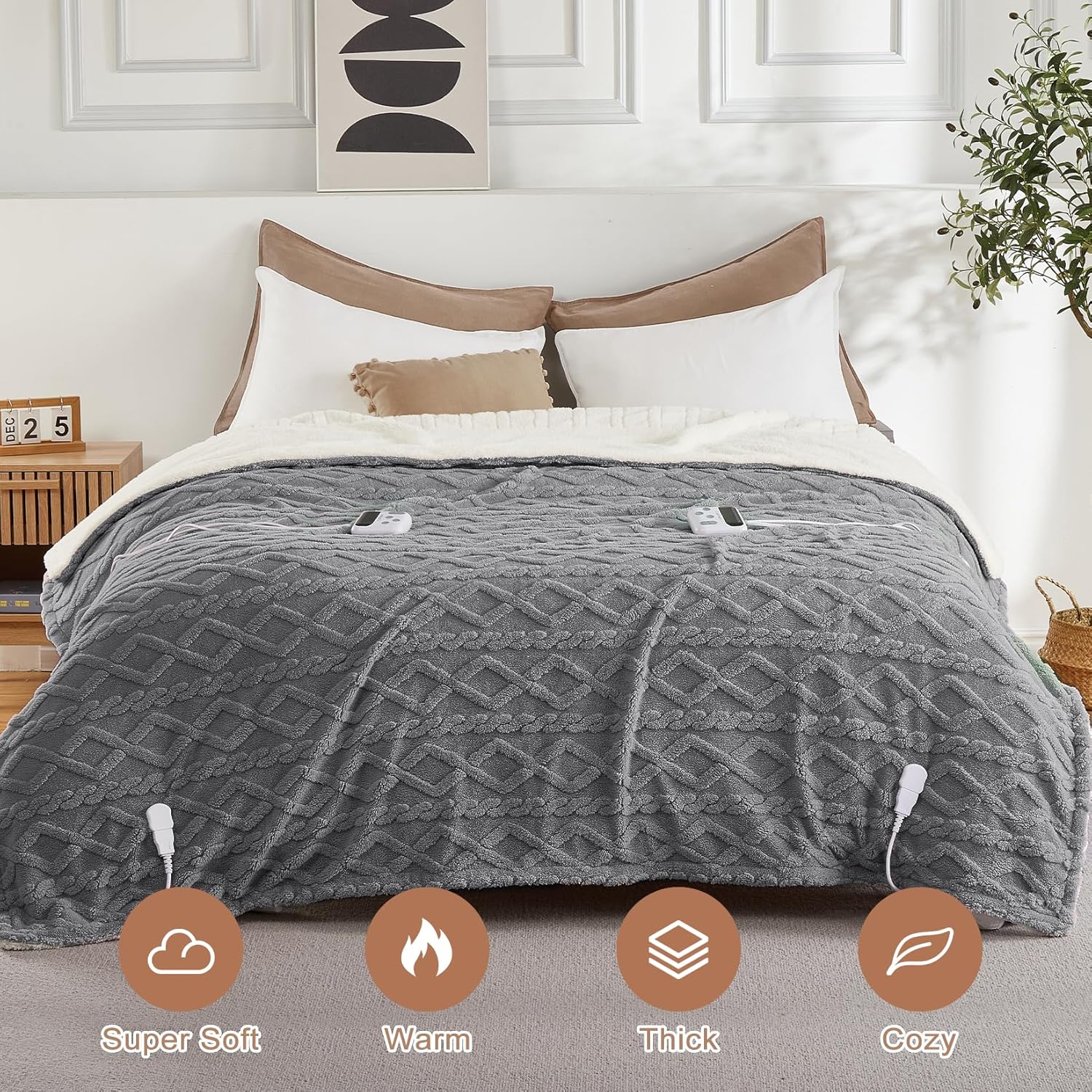 Garvee Electric Blanket Queen Size Dual Control - Thick Tufted Sherpa Heated Blanket Queen with 6 Heating Levels and 20 Time Settings, UL Certified Fast Heating Blanket Queen Size 84"×90", Grey