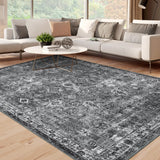 Garvee Washable 8x10 Area Rugs Dark Grey Vintage Floral Boho Non-Slip Foldable Indoor Rugs for Living Room Bedroom Dining Office - Dark Gray