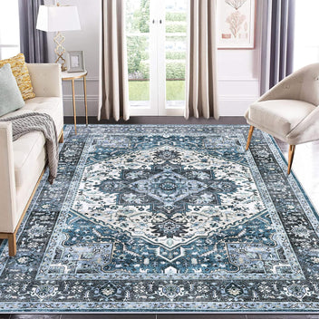 9x12 area rug with machine washable design for living room use in blue vintage floral pattern