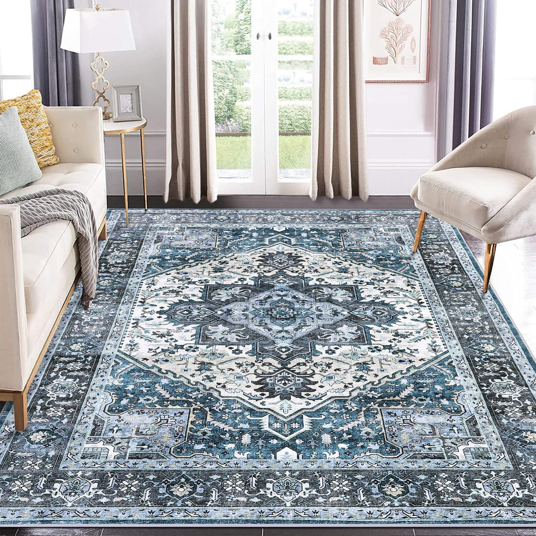 9x12 area rug with machine washable design for living room use in blue vintage floral pattern