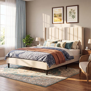 Garvee Velvet Upholstered Platform Bed Frame with 52" Tall Wingback Vertical Channel-Tufted Headboard, Wood Slat Support, Underbed Storage, No Box Spring Needed, Easy Assembly - Queen, Light Beige style style