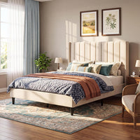 Garvee Velvet Upholstered Platform Bed Frame with 52" Tall Wingback Vertical Channel-Tufted Headboard, Wood Slat Support, Underbed Storage, No Box Spring Needed, Easy Assembly - King, Light Beige style style