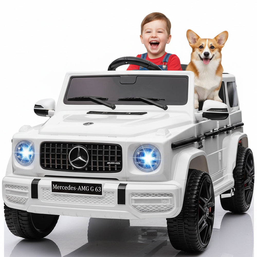 Garvee Ride P Series 12V Mercedes-Benz G63 Ride-On: Remote Control, Suspension, Soft Start, LED, Bluetooth, Music, 2x25W Motors - White