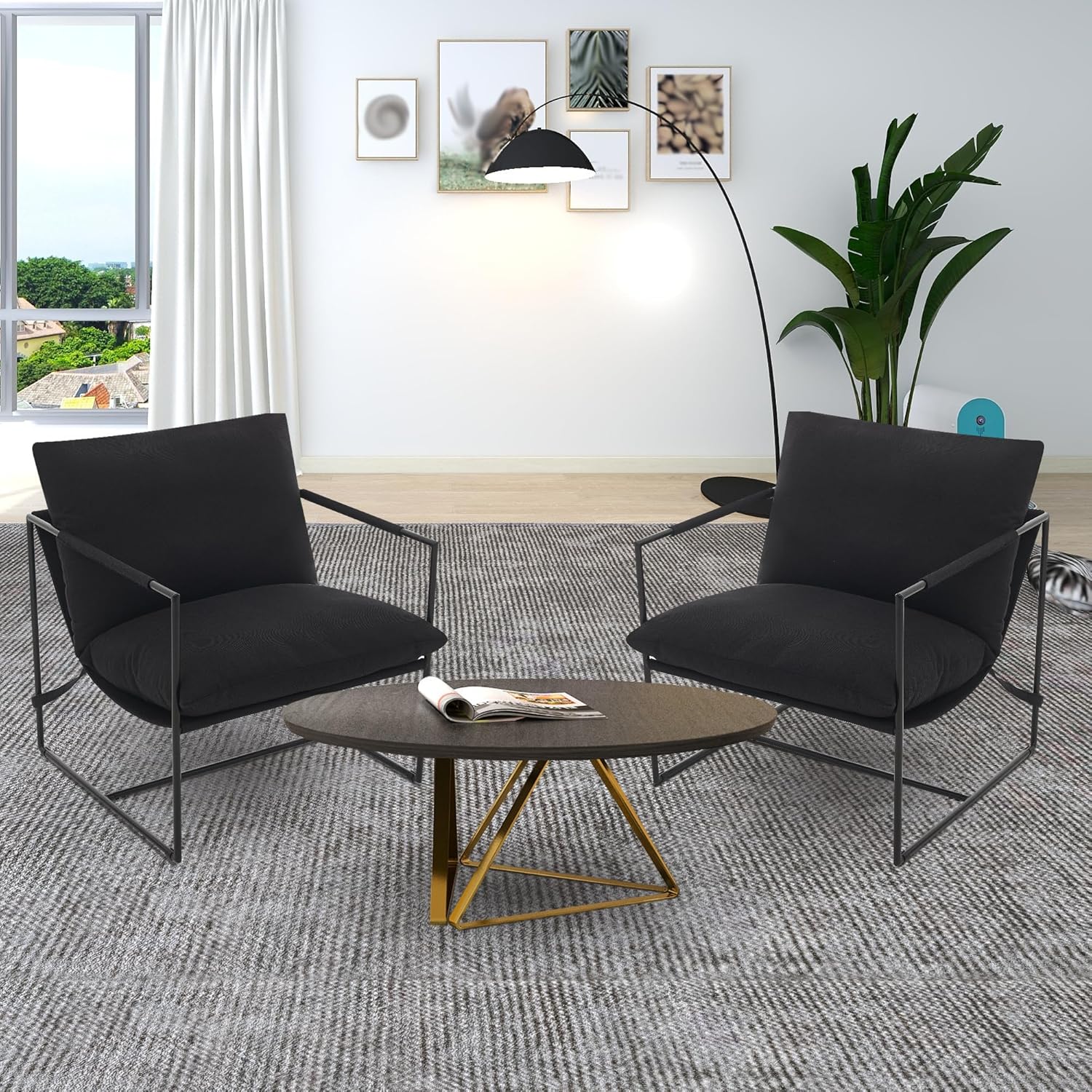 Garvee Modern Accent Chair, Comfy Living Room Chair with Metal Frame, Linen Armchair with Soft Cushion, Cozy Linen Sling Accent Chair for Bedroom Balcony Reading Room, Black