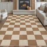 Garvee 9x12 Checkered Easy Jute Rugs Non-Slip Backing Machine Washable Brown for Bedroom Patio Dining Room Backyard - Coffee-Checkerboard-1