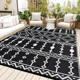 Garvee 8' x 10' Black White Boho Outdoor Rug, Waterproof Reversible Plastic Straw Patio Mat for RV, Deck, Balcony & Camping - Black & White