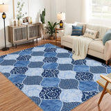 Garvee Moroccan Area Rug for Living Room, 8x10 Ultra-Thin Soft Large Rug for Bedroom, Washable Non-Slip Carpet with Rubble Backing for Dining Room Office, Blue - Blue