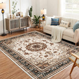 Garvee Washable Vintage Area Rug - 5x7 Traditional Oriental Medallion Floral Design, Stain Resistant Indoor Print Carpet for Entryway Bedroom Living Room Office Kitchen, Kid & Pet Friendly, Beige - Brown & Khaki