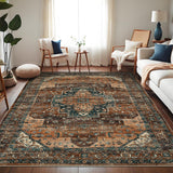 Garvee Persian Brown 9x12 Area Rugs, Machine Washable Vintage Printed Soft Low Pile Rugs, Oriental Accent Carpet with Non-Slip Backing, Stain-Resistant Distressed Floor Carpet for Living Room, Hallway, Laundry - Brown