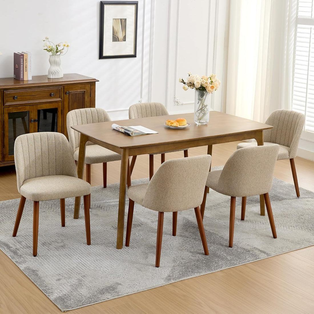 Garvee Set of 8 Mid-Century Modern Fabric Upholstered Dining Chairs with Padded and Solid Wood Legs, Camel